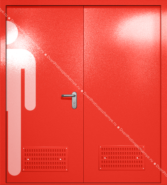 Двупольная глухая дверь ei-60 с обозначением санузла и вентиляцией (цвет красный RAL 3020) Двупольная глухая дверь ei-60 с обозначением санузла и вентиляцией (цвет красный RAL 3020)