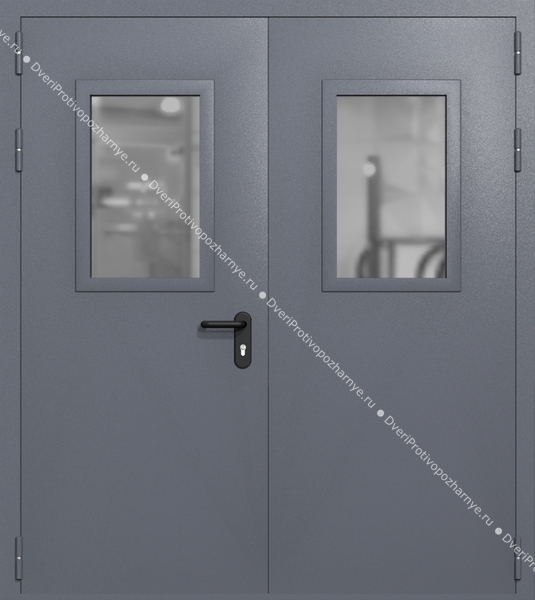 Двупольная дверь ei-60 со стеклами 600x400 (цвет темно-серый RAL 7015)