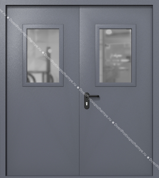 Двупольная дверь ei-60 со стеклами 600x400 (цвет темно-серый RAL 7015)