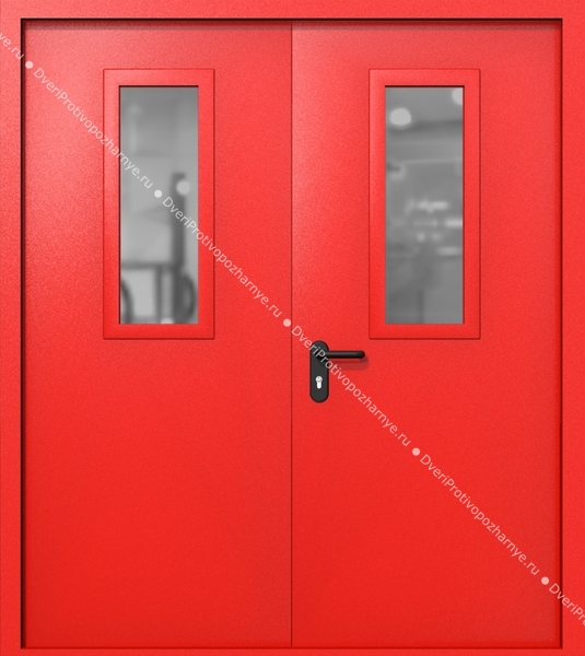Двупольная дверь ei-60 со стеклами 700x300 (цвет красный RAL 3020)
