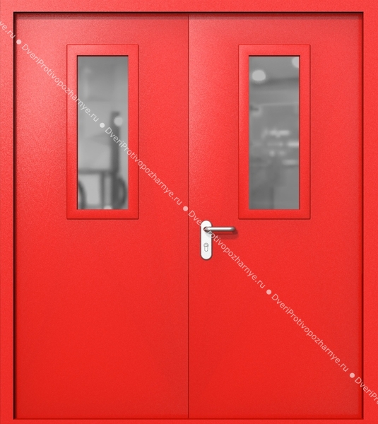 Двупольная дверь ei-60 со стеклами 700x300 и ручками хром (цвет красный RAL 3020) Двупольная дверь ei-60 со стеклами 700x300 и ручками хром (цвет красный RAL 3020)