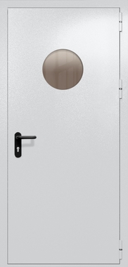 Однопольная дверь ei-60 с круглым стеклом и ручкой «антипаника» (цвет светло-серый RAL 7047) Однопольная дверь ei-60 с круглым стеклом и ручкой «антипаника» (цвет светло-серый RAL 7047)