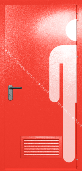 Однопольная глухая дверь ei-60 с обозначением санузла и вентиляцией (цвет красный RAL 3020) Однопольная глухая дверь ei-60 с обозначением санузла и вентиляцией (цвет красный RAL 3020)