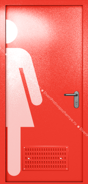 Однопольная глухая дверь ei-60 с обозначением санузла и вентиляцией (цвет красный RAL 3020) Однопольная глухая дверь ei-60 с обозначением санузла и вентиляцией (цвет красный RAL 3020)