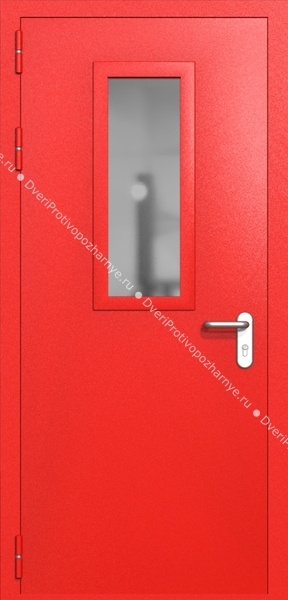 Однопольная дверь ei-60 со стеклом 700x300 и ручками хром (цвет красный RAL 3020)
