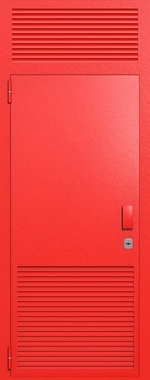 Однопольная глухая техническая дверь с верхней вставкой и вентиляцией (цвет красный RAL 3020) Однопольная глухая техническая дверь с верхней вставкой и вентиляцией (цвет красный RAL 3020)