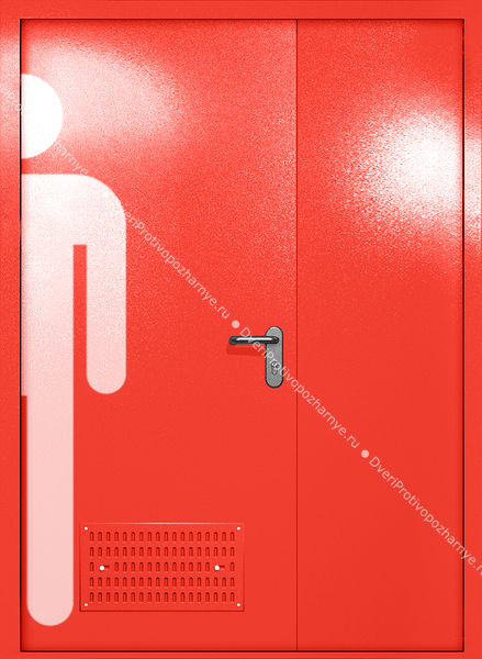 Полуторапольная глухая дверь ei-60 с обозначением санузла и вентиляцией (цвет красный RAL 3020) Полуторапольная глухая дверь ei-60 с обозначением санузла и вентиляцией (цвет красный RAL 3020)