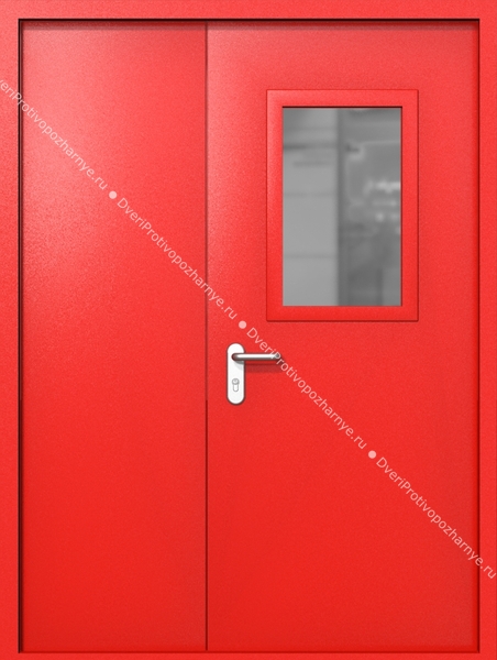 Полуторапольная дверь ei-60 со стеклом 600x400 и ручками хром (цвет красный RAL 3020)