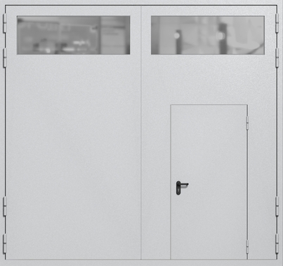 Распашные крупногабаритные ворота ei-60 с остеклением и калиткой (цвет светло-серый RAL 7047) Распашные крупногабаритные ворота ei-60 с остеклением и калиткой (цвет светло-серый RAL 7047)