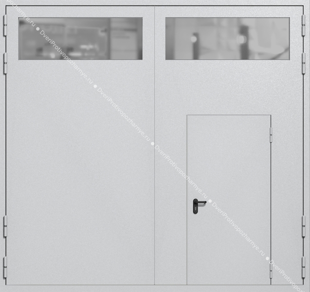 Распашные крупногабаритные ворота ei-60 с остеклением и калиткой (цвет светло-серый RAL 7047) Распашные крупногабаритные ворота ei-60 с остеклением и калиткой (цвет светло-серый RAL 7047)