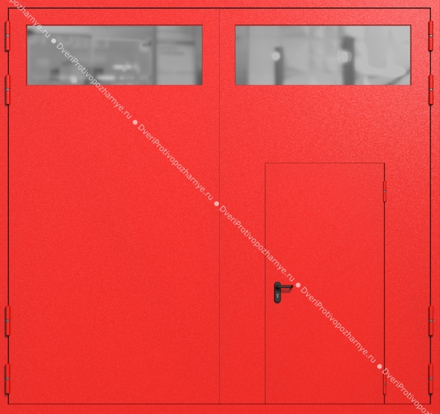 Распашные крупногабаритные ворота ei-60 с остеклением и калиткой (цвет красный RAL 3020)